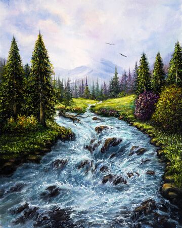 Original  oil painting of beautiful spring forest,mountains  and river  on canvas.Modern Impressionism, modernism,marinism
の写真素材