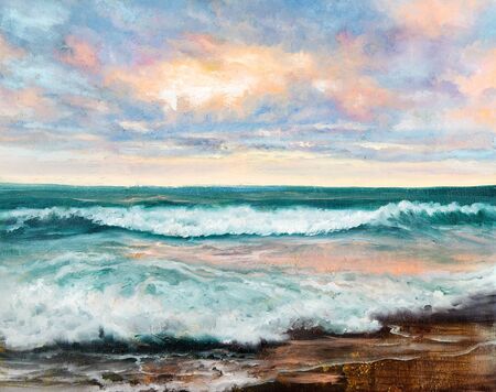 Original  oil painting of beautiful sunset over ocean beach on canvas.Modern Impressionism, modernism,marinism
の写真素材