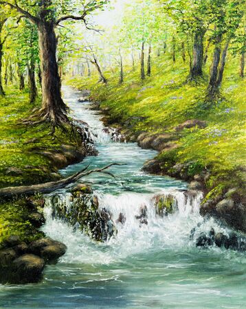 Original  oil painting of beautiful spring forest,mountains  and river  on canvas.Modern Impressionism, modernism,marinism
の写真素材
