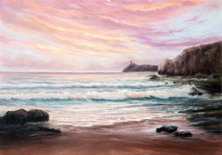 Original  oil painting of beautiful purple sunset over ocean beach and lighthouse on canvas.Modern Impressionism, modernism,marinism
の写真素材
