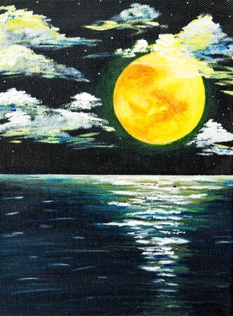 Original acrylic painting of beautiful full moon over ocean on canvas.Modern Impressionism, modernism,marinism
の写真素材