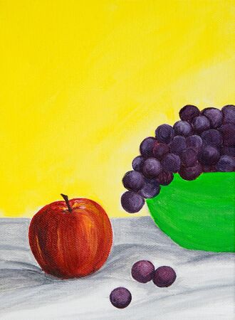 Original acrylic still life painting of apple and grapes on canvasの写真素材
