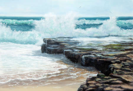 Original oil painting of  Ocean and cliffs on canvas.Modern Impressionismの写真素材