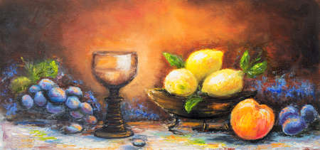 Original  oil still life painting of grapes, peach, plums and lemons  on canvas.Modern Impressionism, modernism,marinismの写真素材