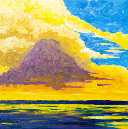 Original acrylic painting of beautiful golden sunset over ocean  on canvas.Modern Impressionism, modernism,marinismの写真素材