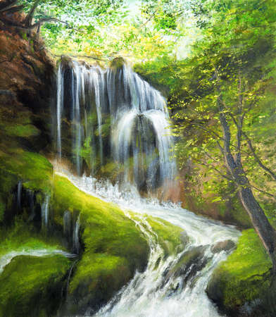 Original  oil painting of beautifl spring landscape,waterfall in the forest on canvas.Modern Impressionism, modernism,marinismの写真素材