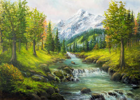 Original  oil painting of beautifl spring landscape, forest,snow mountains  and river  on canvas.Modern Impressionism, modernism,marinismの写真素材