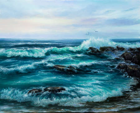 Original oil painting of  Ocean and cliffs on canvas.Modern Impressionismの写真素材