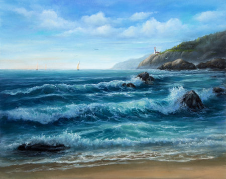 Original oil painting of  lighthouse on the seacoast on canvas.Modern Impressionismの写真素材