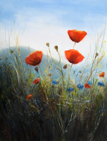 Original oil painting of Opium poppy(Papaver somniferum)  field on canvas.Modern Impressionismの写真素材
