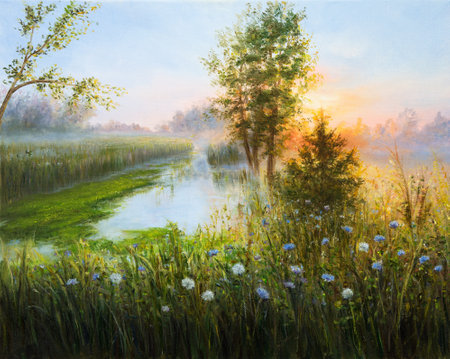 Original  oil painting of beautifl  spring landscape,misty sunrise over lake on canvas.Modern Impressionism, modernism,marinismの写真素材