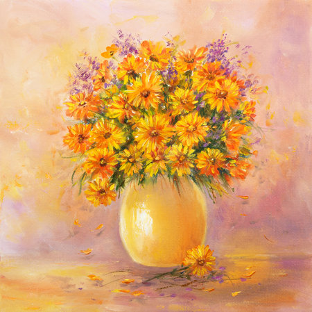 Original  oil painting of beautiful vase or bowl of fresh  flowers.  on canvas.Modern Impressionism, modernism,marinismの写真素材