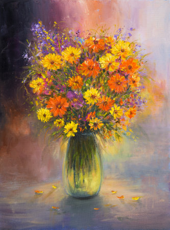 Original  oil painting of beautiful vase or bowl of fresh  flowers.  on canvas.Modern Impressionism, modernism,marinismの写真素材