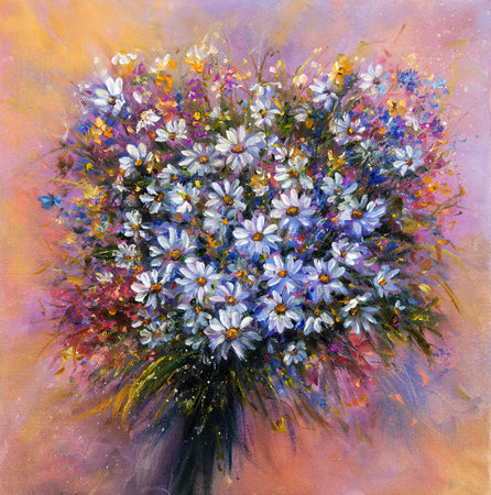 Original  oil painting of beautiful bouquet of fresh  flowers.Daisies  on canvas.Modern Impressionism, modernism,marinismの写真素材