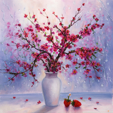 Original  oil painting of beautiful vase or bowl of japanese cherry blossom brunch  on canvas.Modern Impressionism, modernism,marinismの写真素材