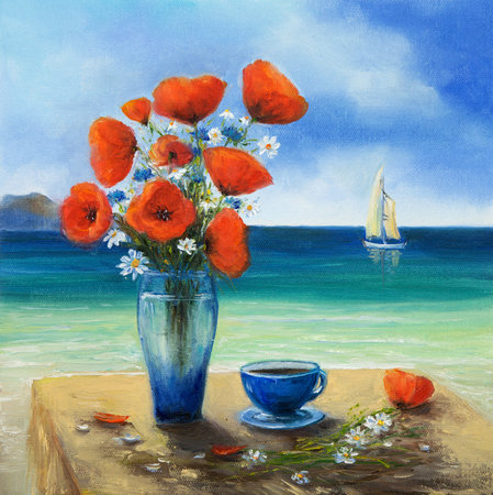 Original  oil painting of beautiful vase or bowl of fresh  flowers.  Opium poppy(Papaver somniferum) and daisies in front of sea
on canvas.Modern Impressionism, modernism,marinismの写真素材