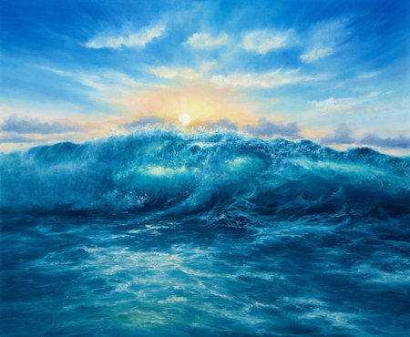 Original  oil painting of ocean and waves on sunset on canvas.Modern Impressionism, modernism,marinismの写真素材