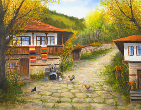 Original oil painting showing old woman sitting on a bench in front of traditional Bulgarian house in the village on canvas. Modern Impressionism, modernism,marinism.Painter-Stanislava Stojkovaの写真素材
