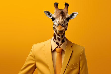 Cool business portrait of a giraffe wearing stylish suit on yellow background.AI Generatedの素材