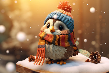 Dreamy winter scene.Cute sparrow wearing hat and scarf to protect him from freezing in the cold.AI Generatedの素材