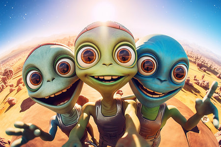 Three cute and friendly aliens taking a selfie in front of planet earth.Cartoon style.AI Generatedの素材