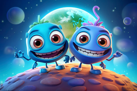 Two cute and friendly aliens taking a selfie in front of planet earth.Cartoon style.AI Generatedの素材