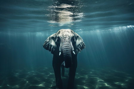 An elephant under the water in the ocean created with generative AI technologyの素材
