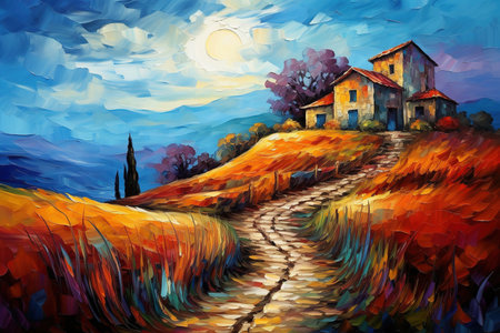 A painting of a house on a hill created with generative AI technologyの素材