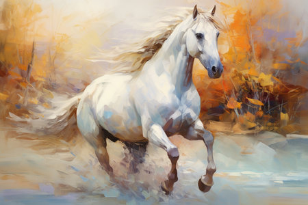 A painting of a white horse running created with generative AI technologyの素材