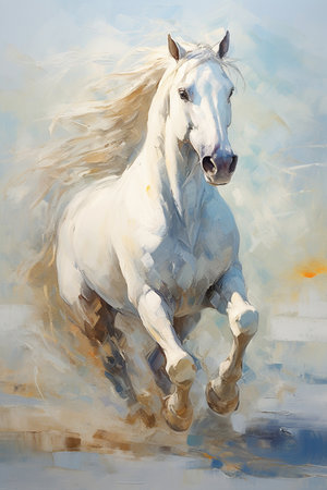 A painting of a white horse running created with generative AI technologyの素材