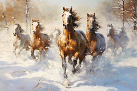 A painting of a group of horses running in the snow.Modern impressionism. created with generative AI technologyの素材