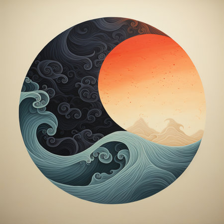 A painting of a sun and a wave in a circle created with generative AI technologyの素材