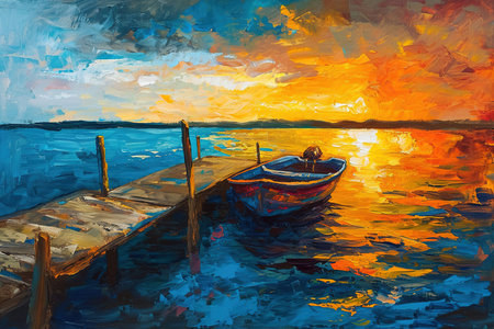 Original oil painting of boat and jetty(pier) on canvas.Sunset over ocean.Modern Impressionism created with AIの素材