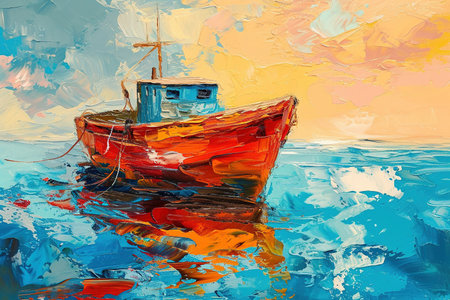 Original oil painting of boats  on canvas.Sunset over ocean.Modern Impressionism created with AIの素材
