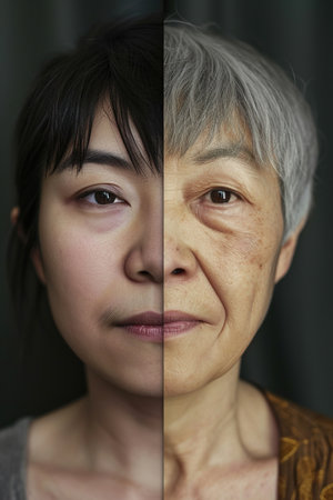 Split-screen photo of an asian woman face divided into two halves.Aging process created with generative AI technologyの素材