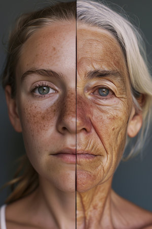 Split-screen photo of a woman face divided into two halves.Aging process created with generative AI technologyの素材