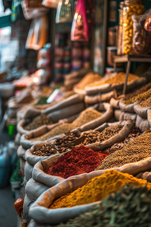 A variety of spices are on display at a orient market created with generative AI technologyの素材