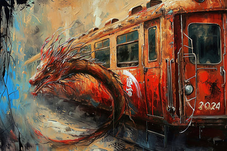 Painting of a magnificent dragon breathes life into a train, united in an awe-inspiring masterpiece. created with generative AI technologyの素材