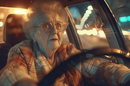 An elderly woman grips the steering wheel tightly, her expression one of worry and urgency as she navigates her car at night.AI generatedの素材