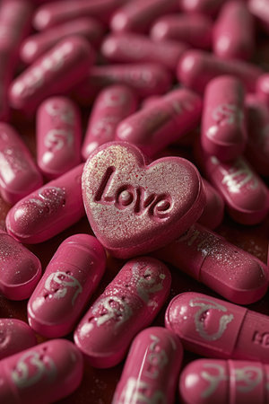 A close-up photo of a heart-shaped candy with the word love spelled out of it, representing the concept of love pills related to Valentines Day. Generative AIの素材