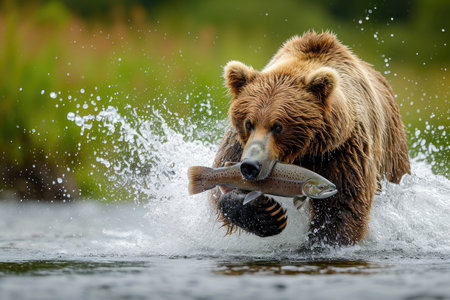 A powerful brown grizzly bear confidently holds a freshly caught fish in its mouth, displaying a triumphant moment of natures raw strength.の素材