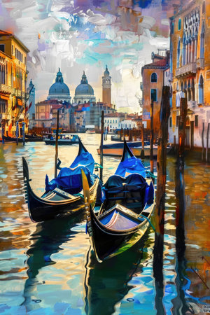 Two gondolas gracefully glide through the serene canals of Venice, their elegant shapes reflected in the shimmering waters as the Venetian architecture creates a picturesque backdrop.の素材
