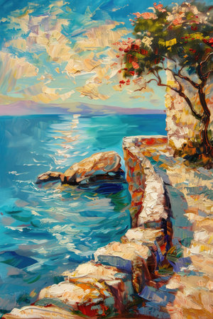 A magnificent tree standing tall on a cliff, its branches swaying in the gentle sea breeze, overlooking the vast expanse of the ocean below. The vibrant colors of the painting bring to life the serene and tranquil beauty of nature at its finest.の素材