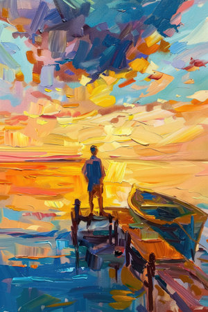 In this oil painting, a solitary figure stands on a wooden dock overlooking the ocean as the sun sets in the background. The person appears contemplative, gazing out into the horizon.の素材