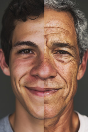 A compelling split portrait meshes the fresh-faced optimism of youth on the left with the textured lines of age on the right, capturing the universal journey from adolescence to maturity. The division down the center symbolizes lifes inevitable progression, while each half retains its unique story, vitality, and character.の素材