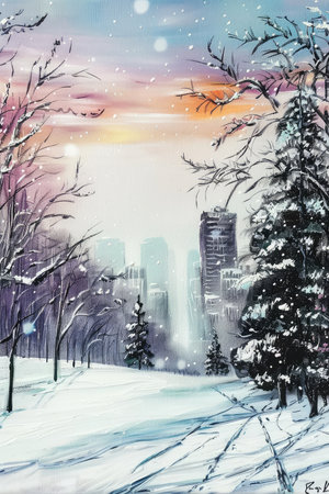 A breathtaking oil painting depicting a serene snowy landscape with majestic trees and charming buildings in a city setting. The artist beautifully captures the tranquility and beauty of winter.の素材