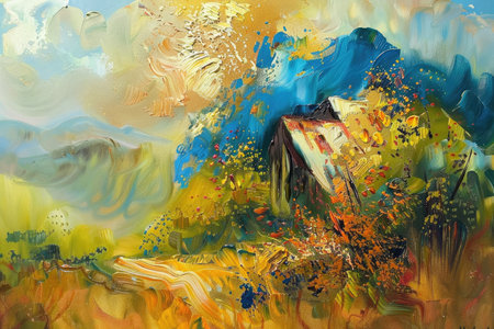 Nestled in the heart of a vast field stands a quaint house, surrounded by lush greenery under a clear sky. The vibrant colors of the scene evoke a sense of peace and tranquility.の素材
