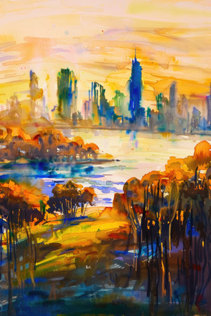A mesmerizing watercolor painting capturing a city skyline against a serene lake in the foreground. The vibrant colors and delicate brushstrokes evoke a sense of peace and tranquility.の素材