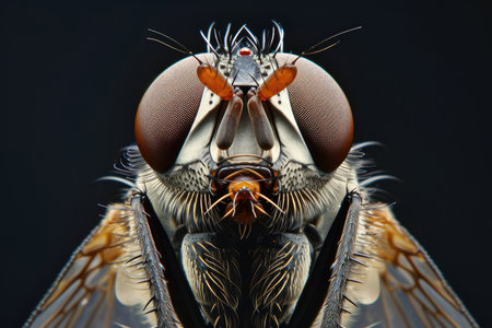 A front-facing, macroscopic view capturing the intricate detail of a flys head and antennae with its large compound eyes taking center stage. Fine hairs can be seen on its face and the subtle colorations on its body are visible against the contrasting dark backdrop.の素材