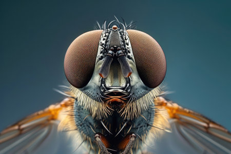 A close-up exploration of a fly, showcasing its intricate body structure and features in exquisite detail. The image captures the essence of this tiny insect, revealing its delicate wings, compound eyes, and fine hair. The fly appears poised, offering a glimpse into the fascinating world of these ubiquitous creatures.の素材